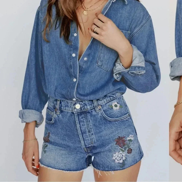 Reformation High Waisted Charlie Jean Denim Shorts Fauna Embroidery Blue Raw Hem - Picture 13 of 15